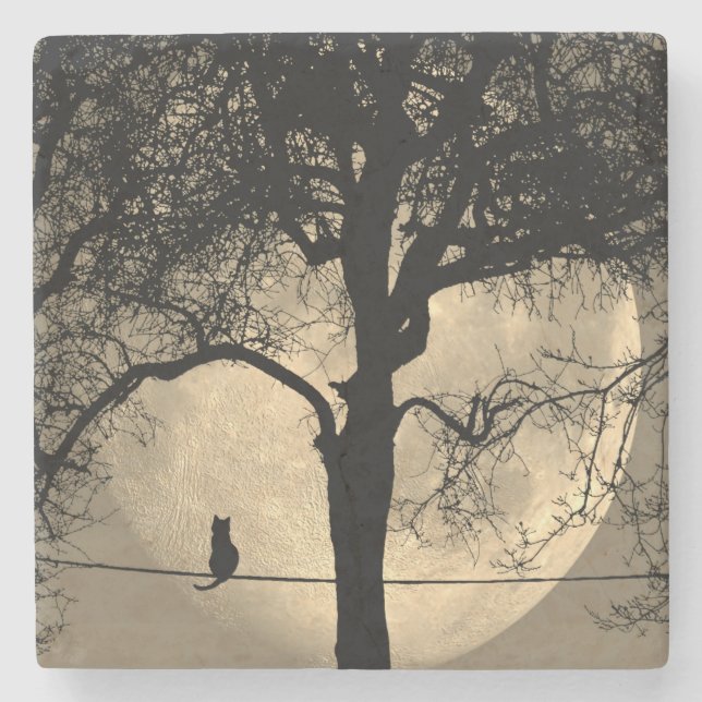 Cat on a Wire Full Moon Stone Coaster (Front)