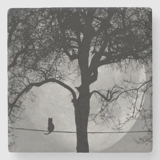 Cat on a Wire Full Moon Stone Coaster