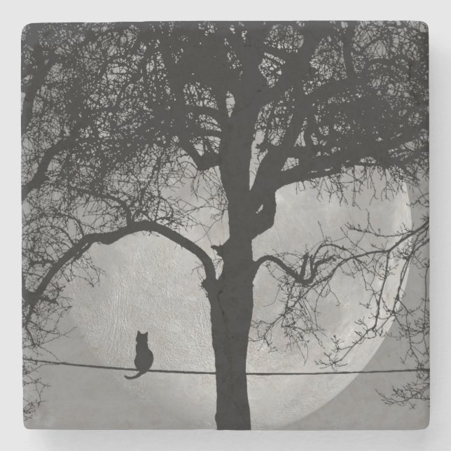 Cat on a Wire Full Moon Stone Coaster (Front)