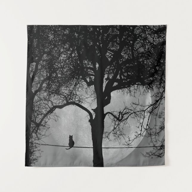 Cat on a Wire Full Moon Tapestry (Front)