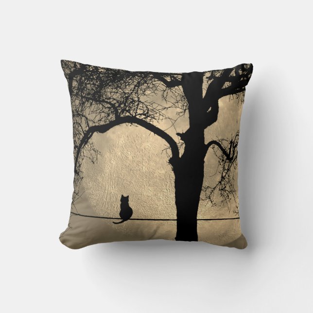 Cat on a Wire Full Moon Throw Pillow (Front)
