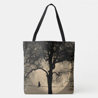 Cat on a Wire Full Moon Tote Bag