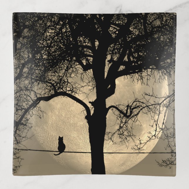Cat on a Wire Full Moon Trinket Tray (Front)