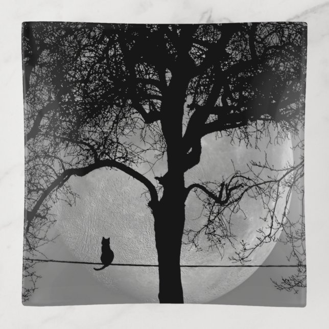 Cat on a Wire Full Moon Trinket Tray (Front)