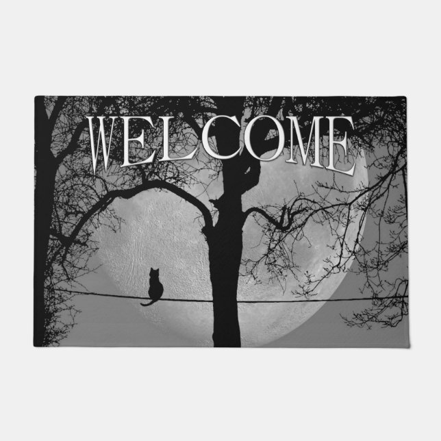 Cat on a Wire Full Moon Welcome Doormat (Front)