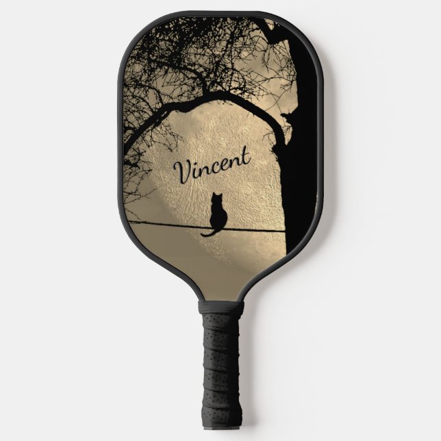 Cat on a Wire Full Moon with Name Pickleball Paddle (Front)