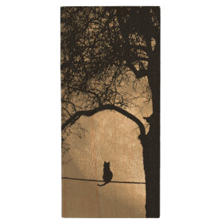 Cat on a Wire Full Moon Wood Flash Drive