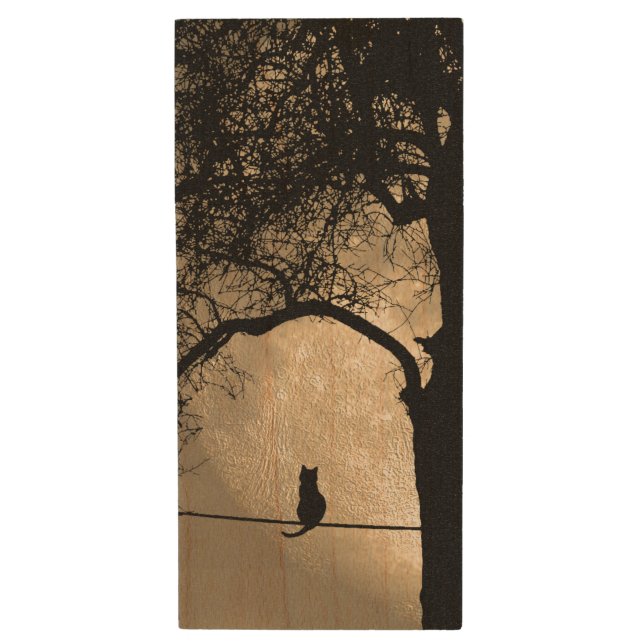 Cat on a Wire Full Moon Wood Flash Drive (Front Vertical)