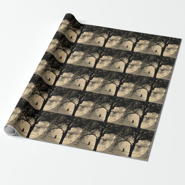 Cat on a Wire Full Moon Wrapping Paper (Unrolled)