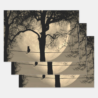 Cat on a Wire Full Moon Wrapping Paper Sheets