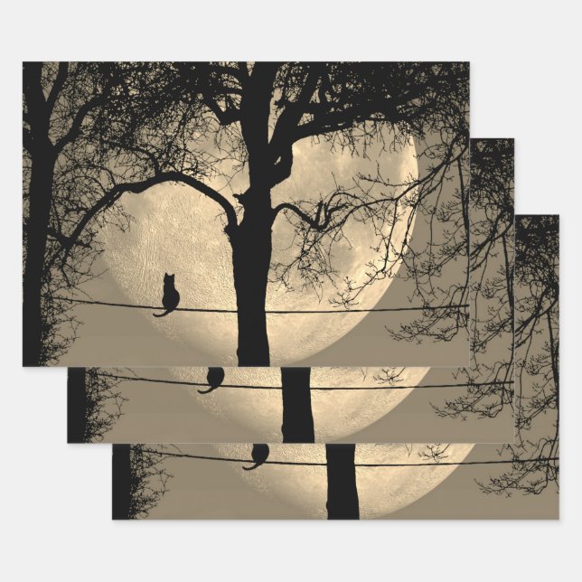 Cat on a Wire Full Moon Wrapping Paper Sheets (Set)