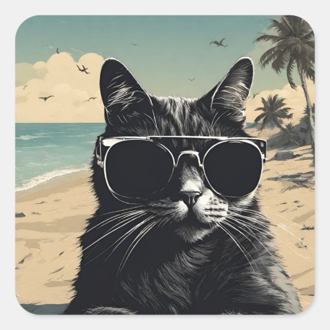 Cat on Beach - High Quality Design Square Sticker (Front)