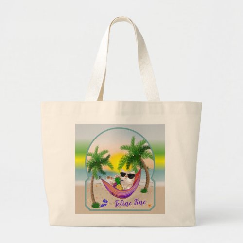 Cat on Beach Relaxing in Hammock Large Tote Bag