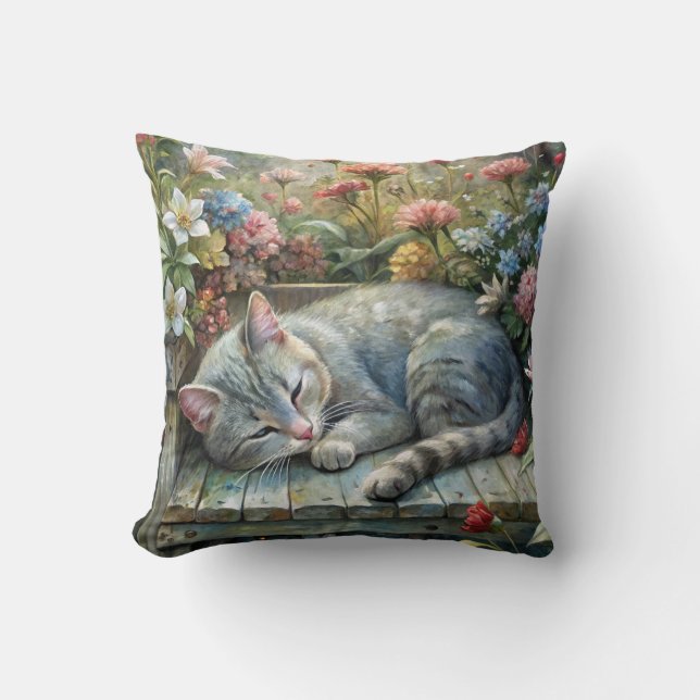 Cat on Bench Throw Pillow (Front)
