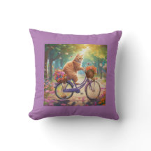 Cat on Bicycle with Colorful Flower Scene Pillow