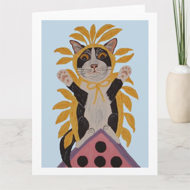 Cat on Birdhouse in Bird Costume Card (Front)