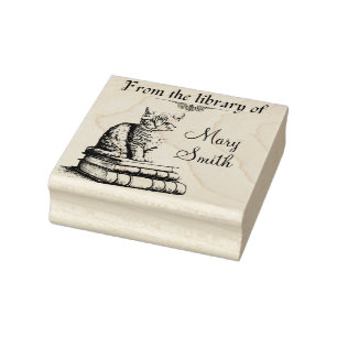 Cat on Books Personalised Wood Art Stamp for books