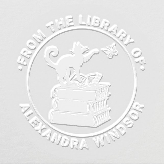 Cat on Books Swatting Butterfly Library Book Name Embosser (Design)