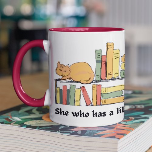 Cat on Bookshelf Hand Drawn Whimsical Library Coffee Mug
