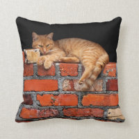 Cat on Brick Wall Throw Pillow