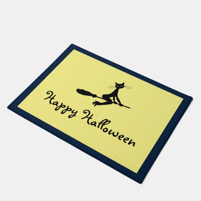 Cat On Broomstick, Happy Halloween Doormat (Angled)