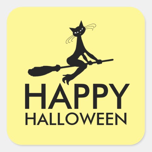 Cat On Broomstick Happy Halloween Square Sticker