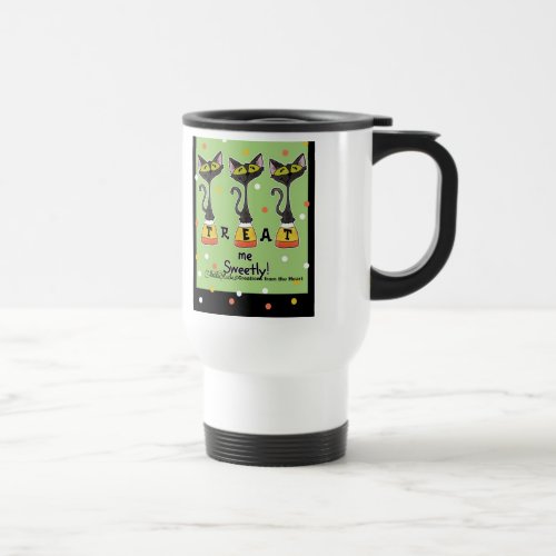 Cat on Candy Corn Treat Me Sweetly_Green Travel Mug