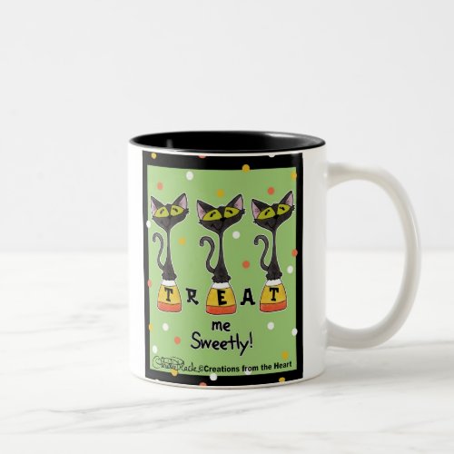 Cat on Candy Corn Treat Me Sweetly_Green Two_Tone Coffee Mug