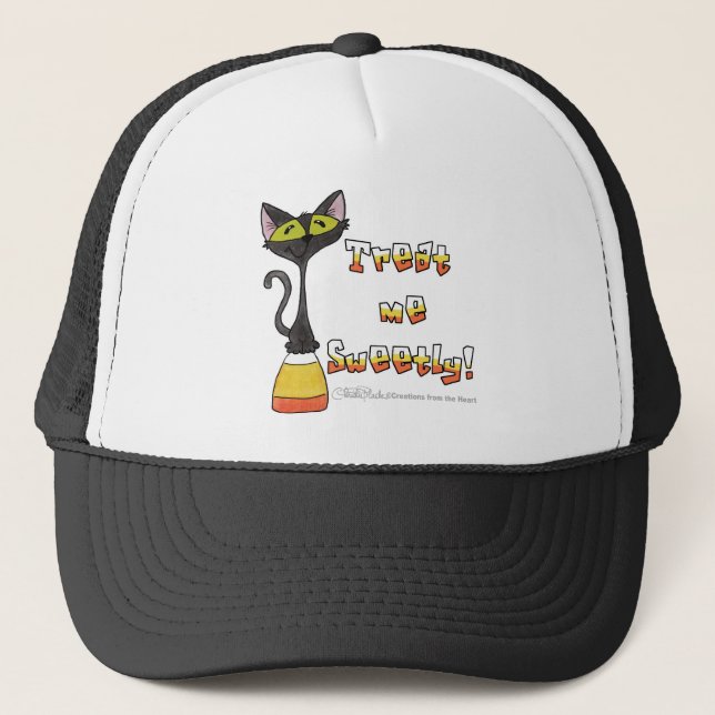 Cat on Candy Corn-Treat Me Sweetly Trucker Hat (Front)