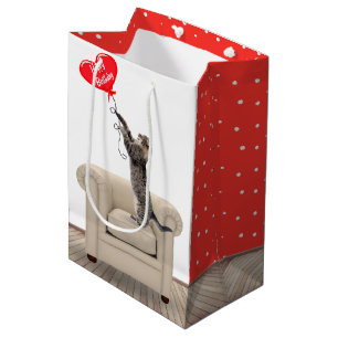 Cat On Chair With Birthday Heart Balloon  Medium Gift Bag