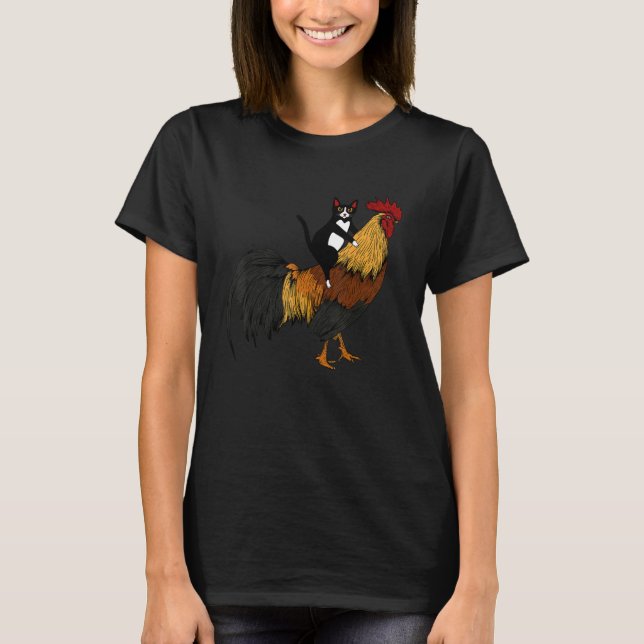 Cat On Chicken Farmer Rooster Poultry Owner Chicke T-Shirt (Front)