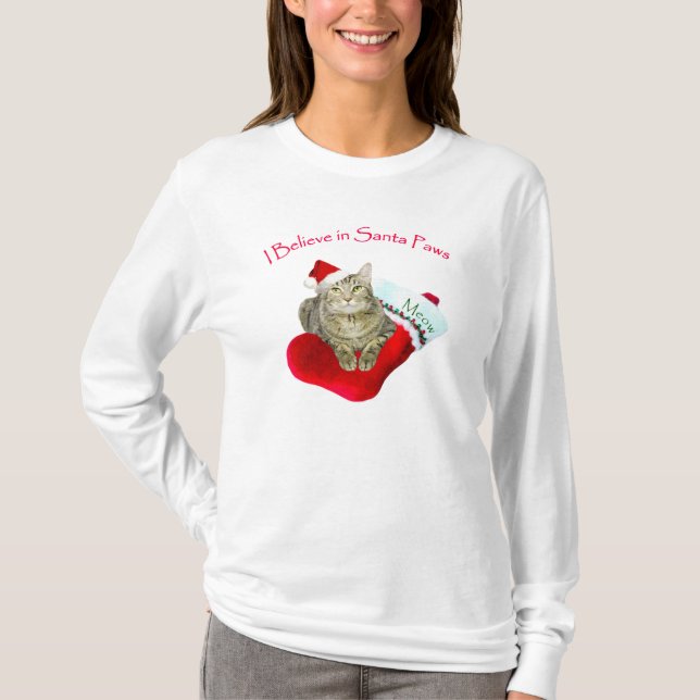 Cat on Christmas Stocking T-Shirt (Front)