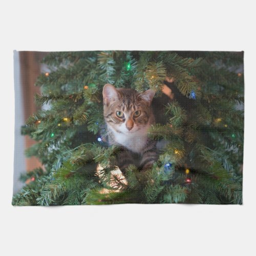 Cat on Christmas tree Kitchen Towel