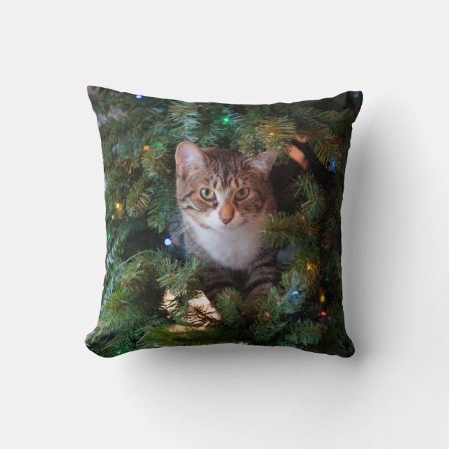 Cat on Christmas tree Throw Pillow (Front)