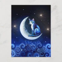 Cat on Crescent Moon blue Cat 773