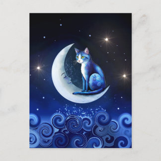 Cat on Crescent Moon blue Cat 773 Postcard