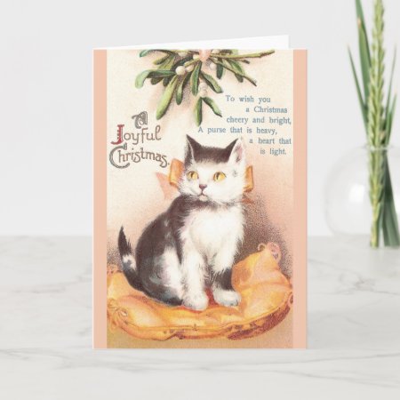 Cat On Cushion 'neath Mistletoe Vintage Christmas Holiday Card