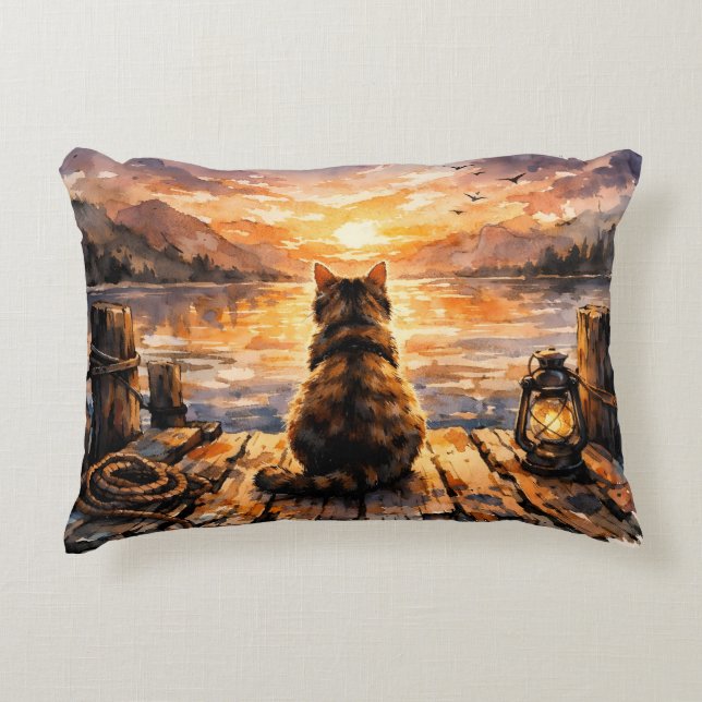 Cat on Dock at Sunset Accent Pillow (Front)