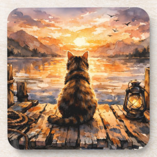 Cat on Dock at Sunset Beverage Coaster
