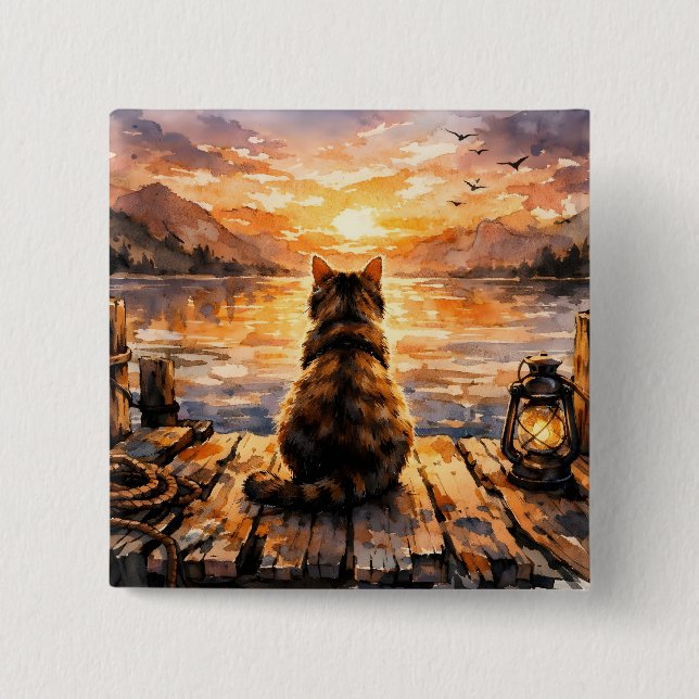 Cat on Dock at Sunset Button (Front)
