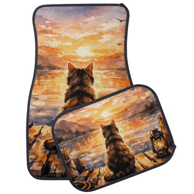 Cat on Dock at Sunset Car Floor Mat (Set)