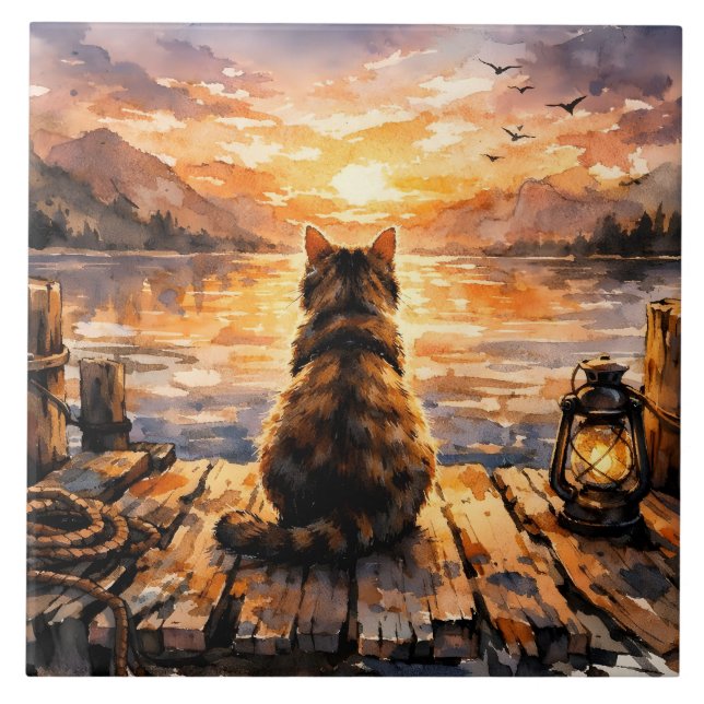Cat on Dock at Sunset Ceramic Tile (Front)