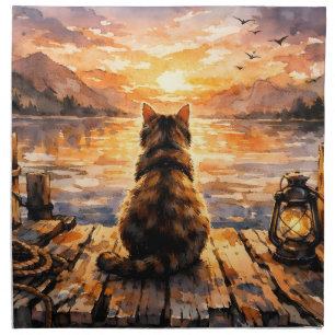 Cat on Dock at Sunset Cloth Napkin