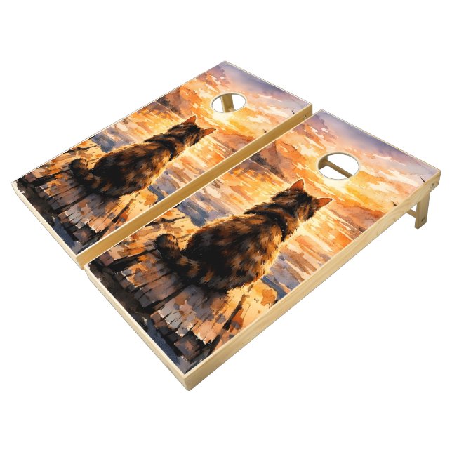 Cat on Dock at Sunset Cornhole Set (Angled)