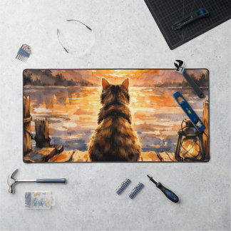 Cat on Dock at Sunset Desk Mat