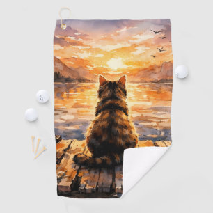 Cat on Dock at Sunset Golf Towel