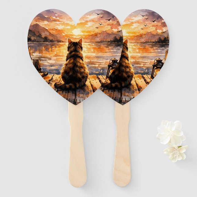 Cat on Dock at Sunset Hand Fan (Front and Back)