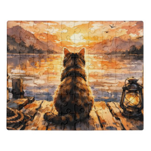 Cat on Dock at Sunset Jigsaw Puzzle