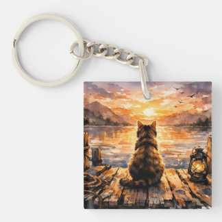 Cat on Dock at Sunset Keychain