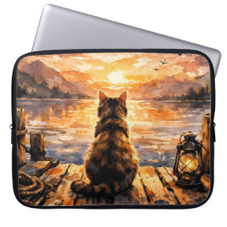Cat on Dock at Sunset Laptop Sleeve